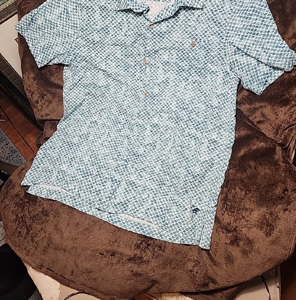 Caribbean Joe Teal and White Fish Scale Pattern Short-Sleeve Button-Up Shirt XL